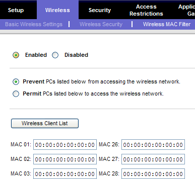 Example of wireless routers MAC filter settings