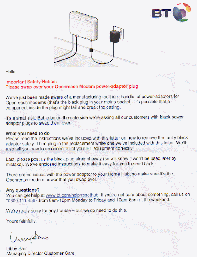openreach vdsl psu replacement letter