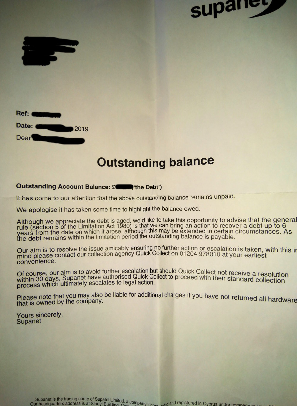 supanet quick collect unpaid bill claim letter uk isp