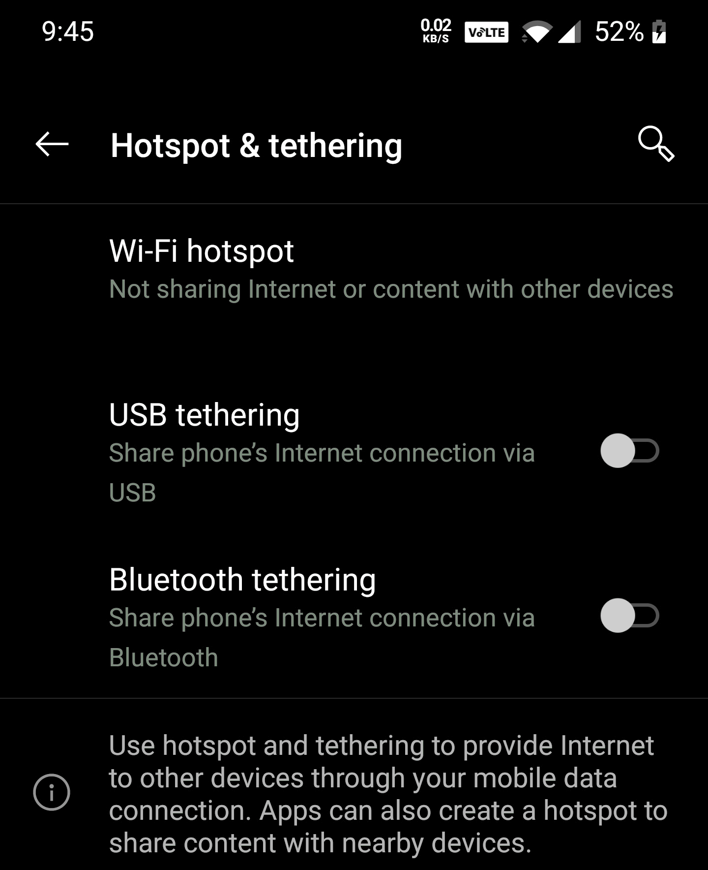 Tethering Android v10 options
