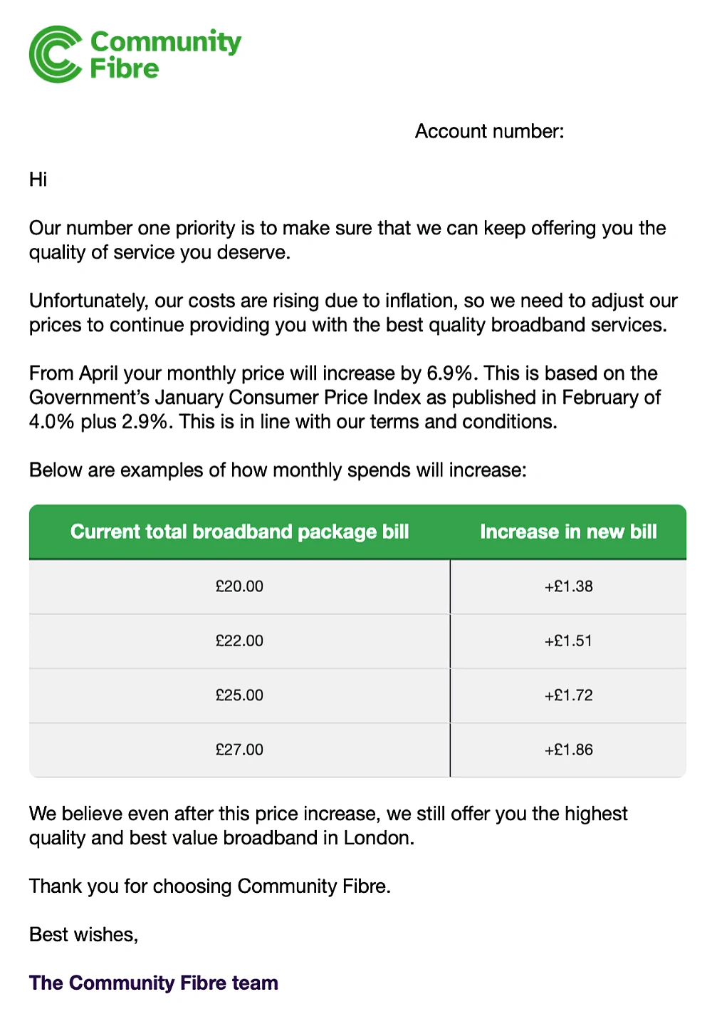 London ISP Community Fibre Notifies UK Customers of Price Rise