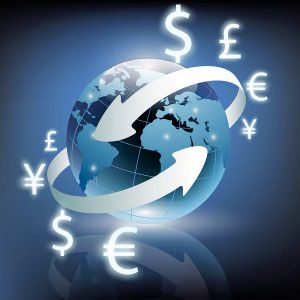 arrows around planet earth and world currency