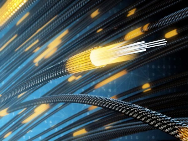 Light from fiber optic cable. 3d illustration.