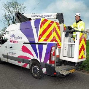 Freedom Fibre Van and Engineer in Cherry Picker Box