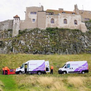 Engineers on Rural Road Next to Castle Openreach 2022