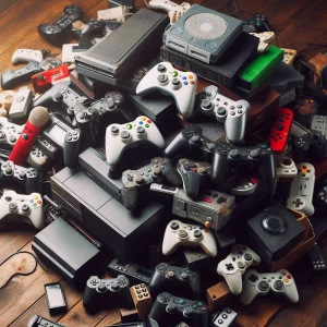 Video game consoles in a pile - AI CoPilot Image Generated 130324
