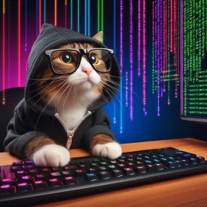Picture of a cat trying to hack into the internet - Copilot Image for MJ on 280424