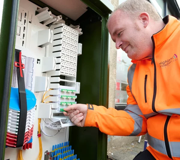 Highland Broadband engineer working on FTTP cabinet