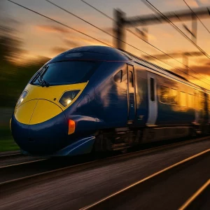 Fast moving UK train image by Microsoft CoPilot for MJ on 050925