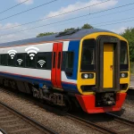 Train on UK railway with wifi icons