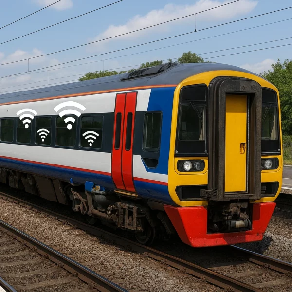 Train on UK railway with wifi icons