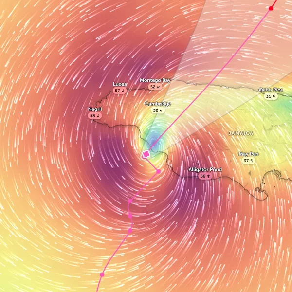 Zoom Earth Screenshot of Hurricane Melissa Over Jamaica 281025