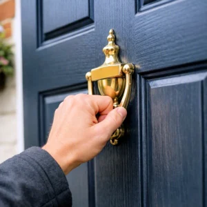 Doorstep seller hand knocking on UK door by Copilot for MJackson 20260904