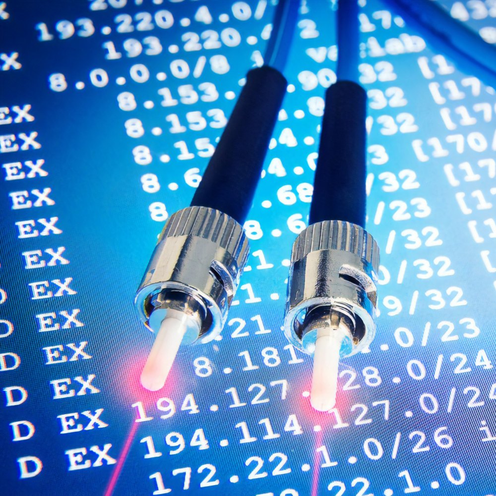 ip address Fiber optic cables for backbone lines on blue network background