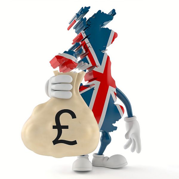 UK character holding money bag isolated on white background