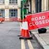Red Road Closed road sign in a UK city street. 123rf